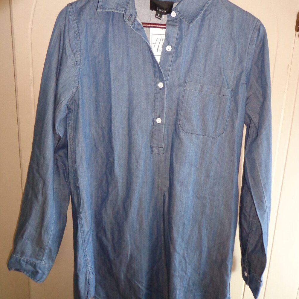 NWT LUMIÈRE Denim Tunic S Long Sleeves Button Closure Pocket Hi-Lo